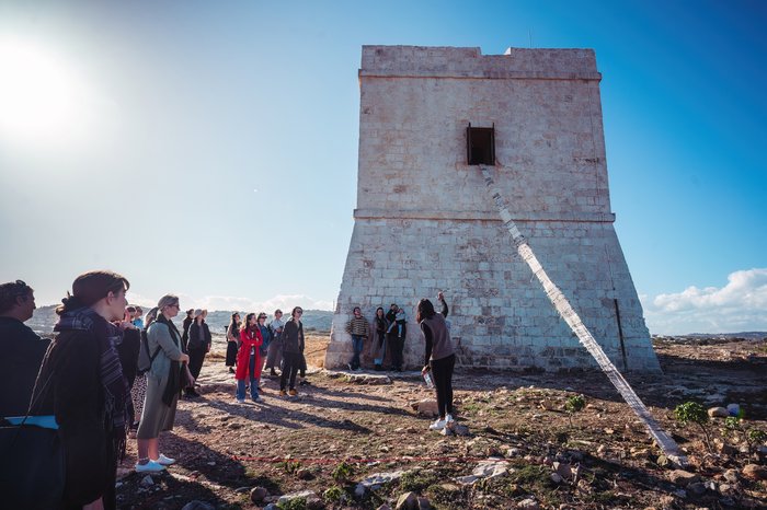 Fernando P Ferreira, Threading an (un)Safe Plot (2023) within Beyond What Drifts Us Apart, part of Mahalla Festival and MagiC Carpets Platform. Co-funded by European Union’s Creative Europe programme, Arts Council Malta. Photo: Elisa von Brockdorff